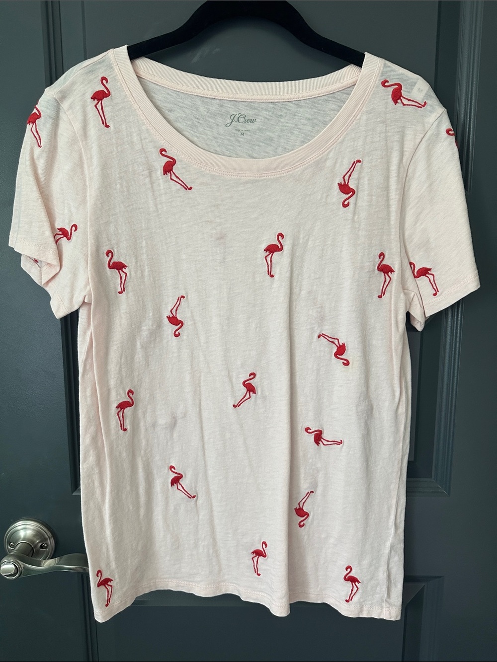 J. Crew Light Pink Short-Sleeve Tee with Red Flamingo Embroidery